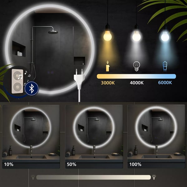 Laconia Pyöreä Kylpyhuonepeili Bluetoothilla, LED-valolla ja Huurtumisenesto-toiminnolla
