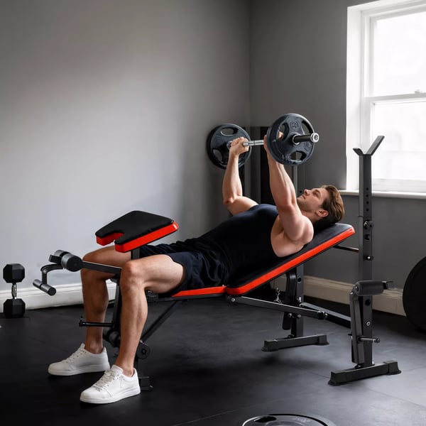 HOMCOM vægtbænk uden vægte, justerbar fitnessbænk til mange øvelser, træningsstation, stål, plast, sort+rød