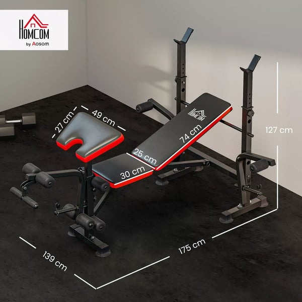 HOMCOM vægtbænk uden vægte, justerbar fitnessbænk til mange øvelser, træningsstation, stål, plast, sort+rød