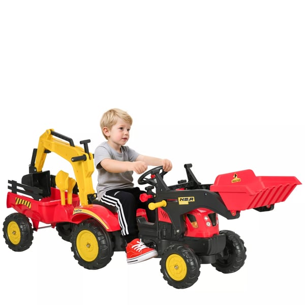 Rød Børnetraktor med Trailer og Frontskovl, Pedal-drevet Gravemaskine i Stål og Plastik, 3-6 År, 179x42x59 cm