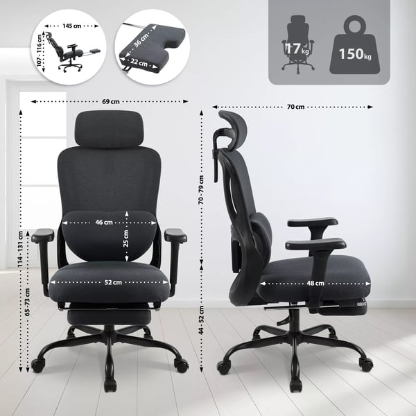 Leesburg Ergonomisk Kontorstol med Justerbar Nakkestøtte Lændestøtte Fodstøtte og 3D Armlæn - Sort Plastik