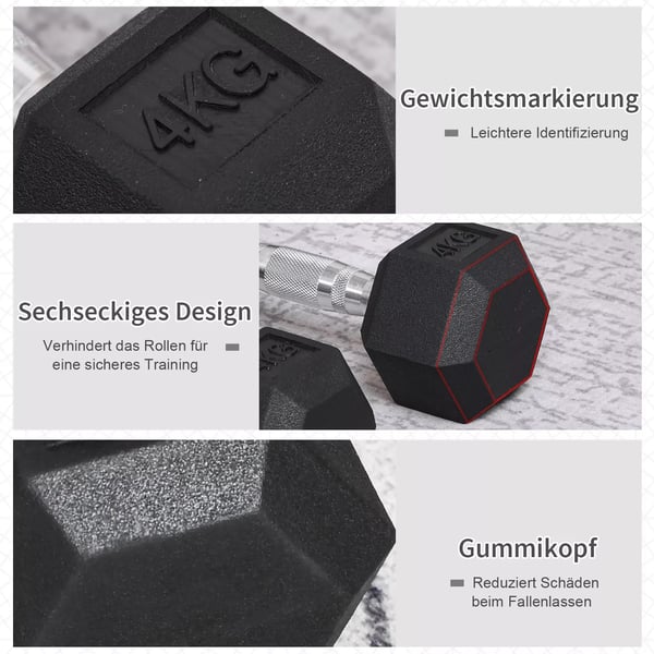 HOMCOM Seks-sidet Håndvægte Sæt af 2, Støbejern, Riflet Greb, Sort Metal/Gummi, 2 x 4 kg