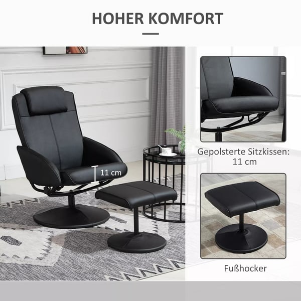 Relaxstol med Fodskammel, Sort Kunstlæder, Vippebar, Ergonomisk, 120kg belastning