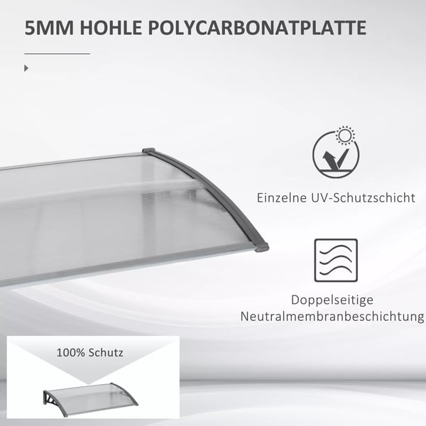 Outsunny dørbaldakin, beskyttelse mod regn, vind og hagl, polycarbonat, aluminium, 110 x 60 x 18 cm, grå