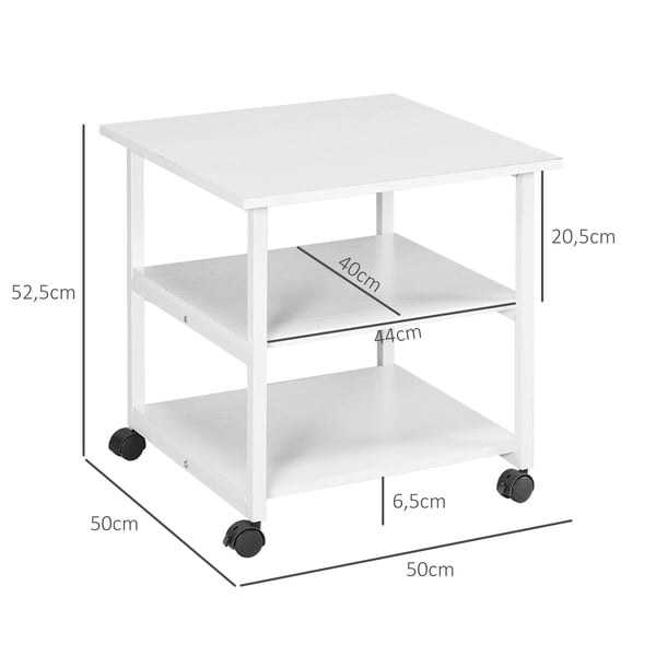 HOMCOM printerbord med hjul, printerstativ med 3 niveauer, printerholder i stål, 50 x 50 x 52,5 cm