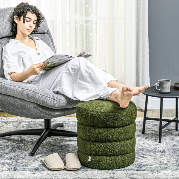 HOMCOM Rund Puf, Grøn Teddyfleece, Skum, 40x45 cm