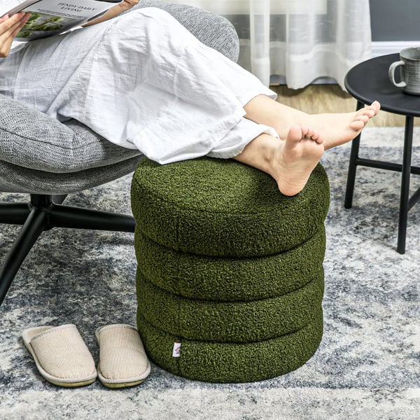 HOMCOM Rund Puf, Grøn Teddyfleece, Skum, 40x45 cm