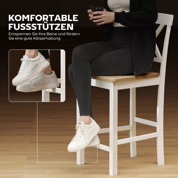 HOMCOM 2 stk. barstole med ryglæn og fodstøtte, gummitræ, til køkken, spisestue, bar, eg+hvid