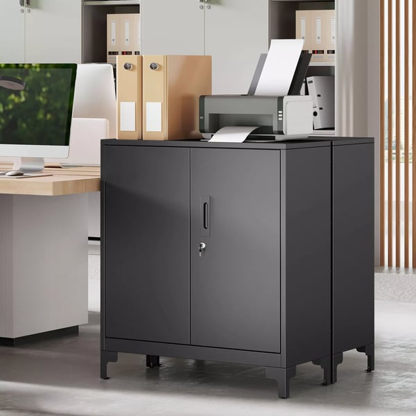 HOMCOM Metalfilskab med L2sbare D2re, Kontor Skab, 2-trins Design, Sort