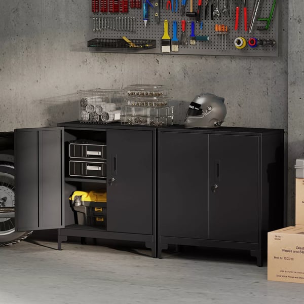 HOMCOM Metalfilskab med L2sbare D2re, Kontor Skab, 2-trins Design, Sort