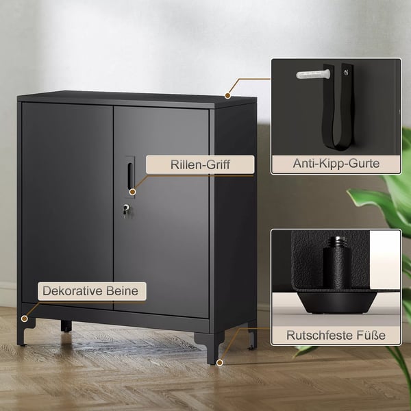 HOMCOM Metalfilskab med L2sbare D2re, Kontor Skab, 2-trins Design, Sort