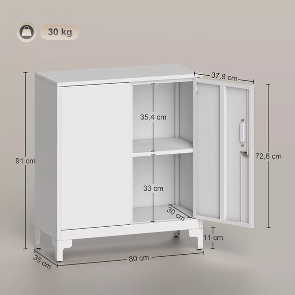 Metallkontorsskåp, låsbart förvaringsskåp, 2-hyllors design, vitt