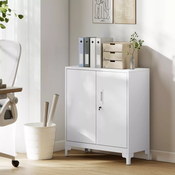 Metallkontorsskåp, låsbart förvaringsskåp, 2-hyllors design, vitt