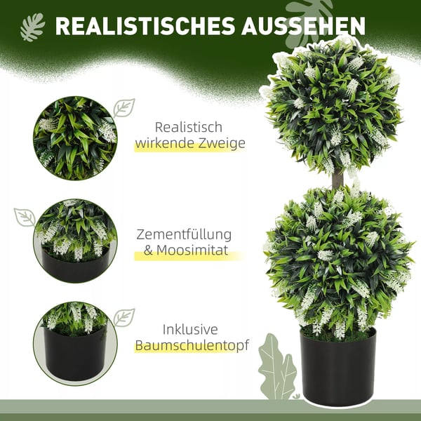 2-pack Konstgjorda Lavendelträd – 70 cm Höjd, UV-beständig Plast och Metall, Vita Blommor i Cementkrukor för Inomhus/Utomhusbruk