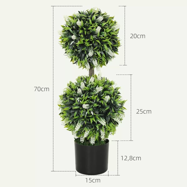 2-pack Konstgjorda Lavendelträd – 70 cm Höjd, UV-beständig Plast och Metall, Vita Blommor i Cementkrukor för Inomhus/Utomhusbruk