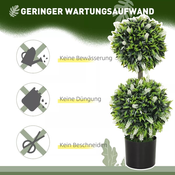 2-pack Konstgjorda Lavendelträd – 70 cm Höjd, UV-beständig Plast och Metall, Vita Blommor i Cementkrukor för Inomhus/Utomhusbruk