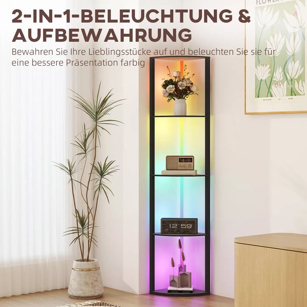 HOMCOM LED Gulvlampe med Hylder, 5-trins Dæmpbar, RGB Farveskift, Fjernbetjening, Sort MDF