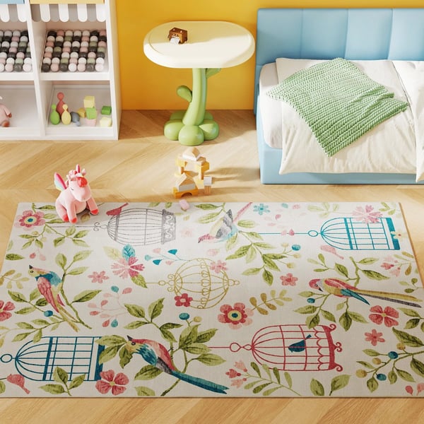 HOMCOM Gulvtæppe - Cremefarvet+Rosa Polyester Rug - Skridsikker, Nem Pleje Polyester Tæppe til Stue, Soveværelse (200x140 cm)
