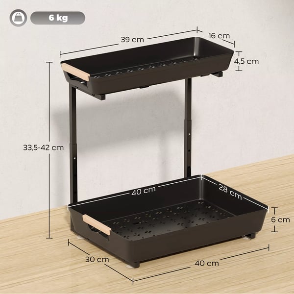 HOMCOM Kjøkkenreol, 2-trinns justerbar med 2 kurver, sort plast, 40x30x33.5-42 cm