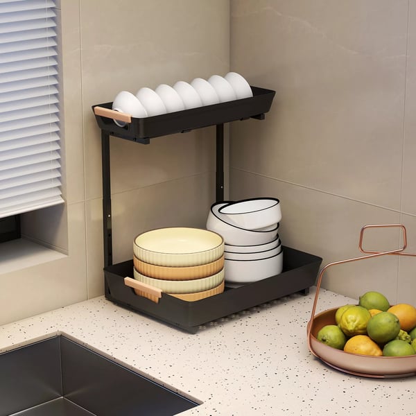 HOMCOM Kjøkkenreol, 2-trinns justerbar med 2 kurver, sort plast, 40x30x33.5-42 cm