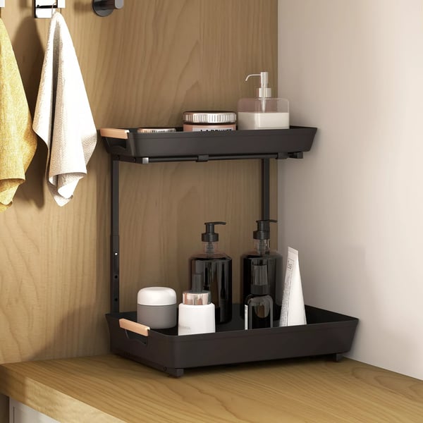 HOMCOM Kjøkkenreol, 2-trinns justerbar med 2 kurver, sort plast, 40x30x33.5-42 cm