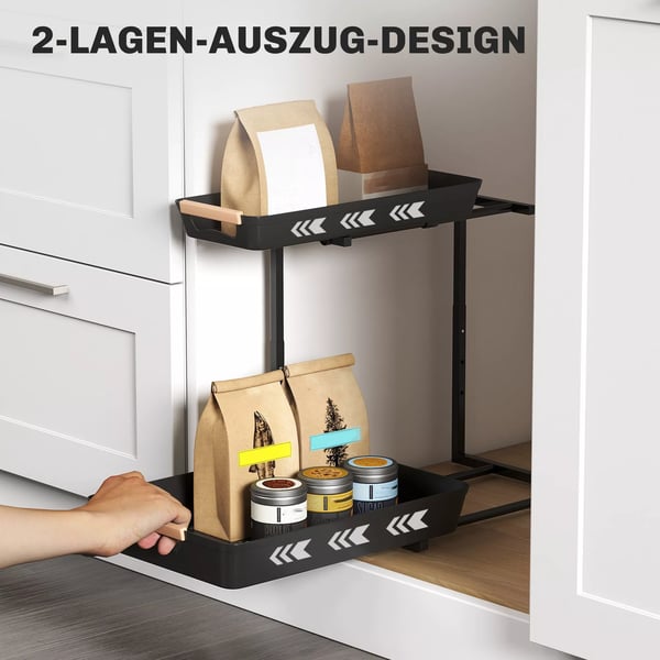 HOMCOM Kjøkkenreol, 2-trinns justerbar med 2 kurver, sort plast, 40x30x33.5-42 cm