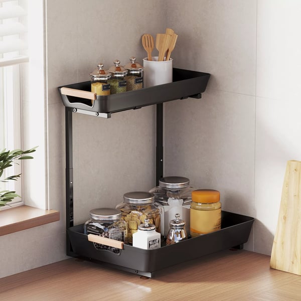 HOMCOM Kjøkkenreol, 2-trinns justerbar med 2 kurver, sort plast, 40x30x33.5-42 cm