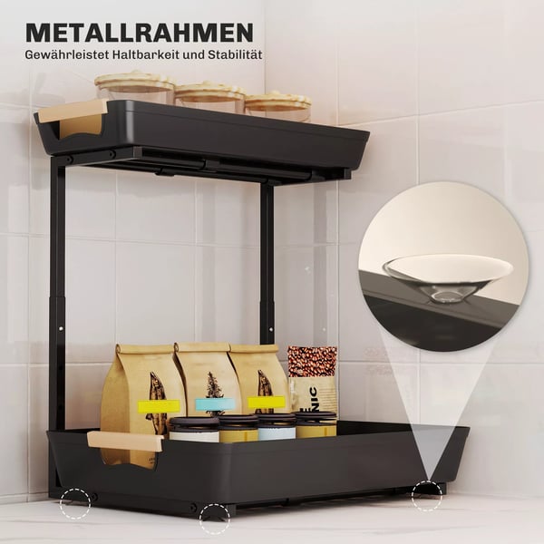 HOMCOM Kjøkkenreol, 2-trinns justerbar med 2 kurver, sort plast, 40x30x33.5-42 cm