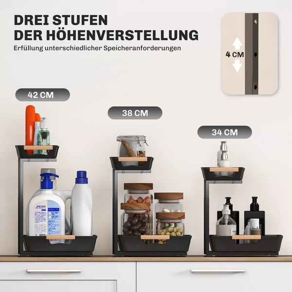 HOMCOM Kjøkkenreol, 2-trinns justerbar med 2 kurver, sort plast, 40x30x33.5-42 cm