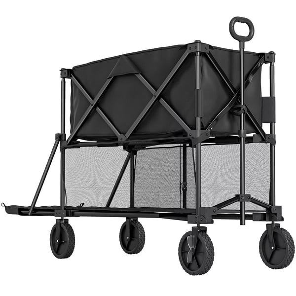 Outsunny Havevogn 200 kg, 2-lags transportvogn med aftagelig presenning, sort stål. Perfekt til haven, camping og fiskeri. Rummelig og foldbar.
