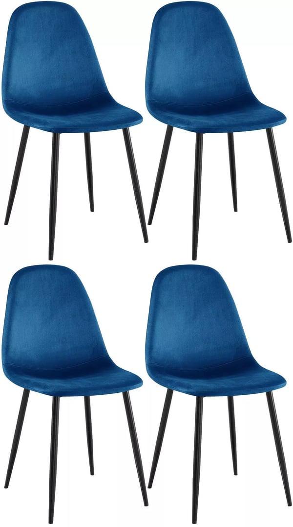 Set med 4 blå sammetsstolar med metallramar