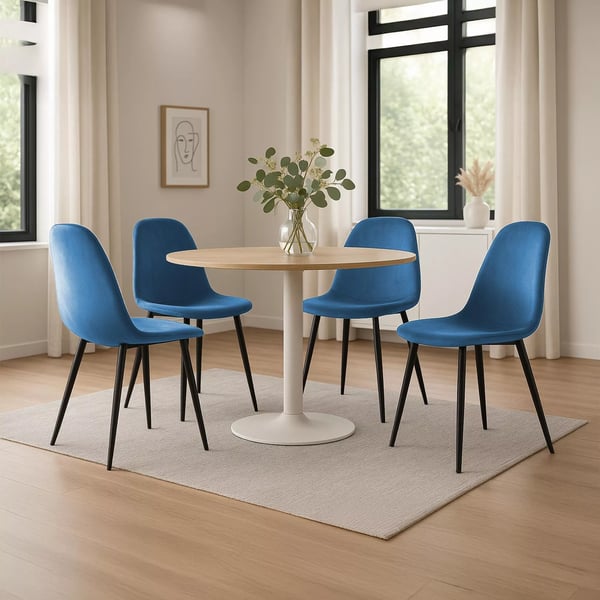 Sæt med 4 blå velour spisebordsstole med metalstel