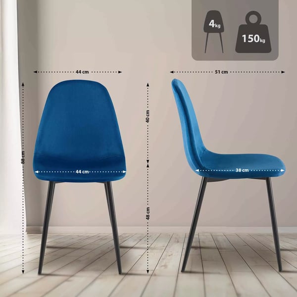 Sæt med 4 blå velour spisebordsstole med metalstel