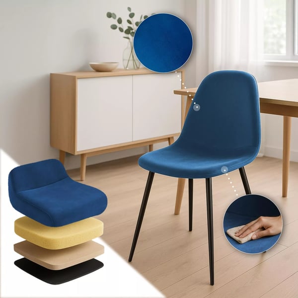 Sæt med 4 blå velour spisebordsstole med metalstel