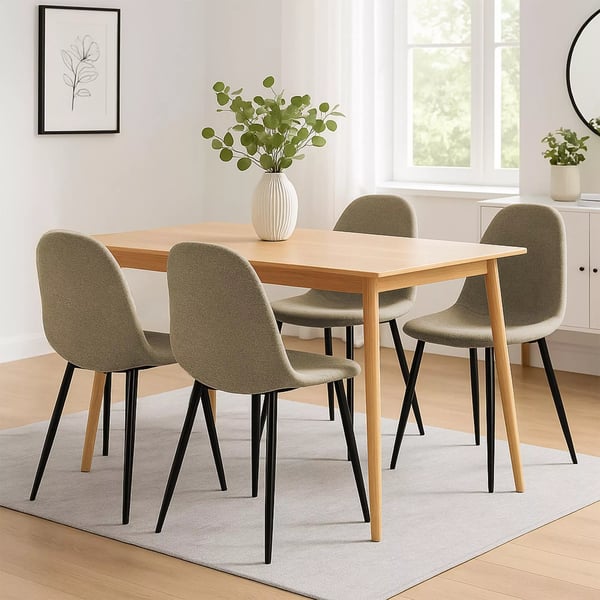 Sæt med 4 taupe stof spisebordsstole med metalben