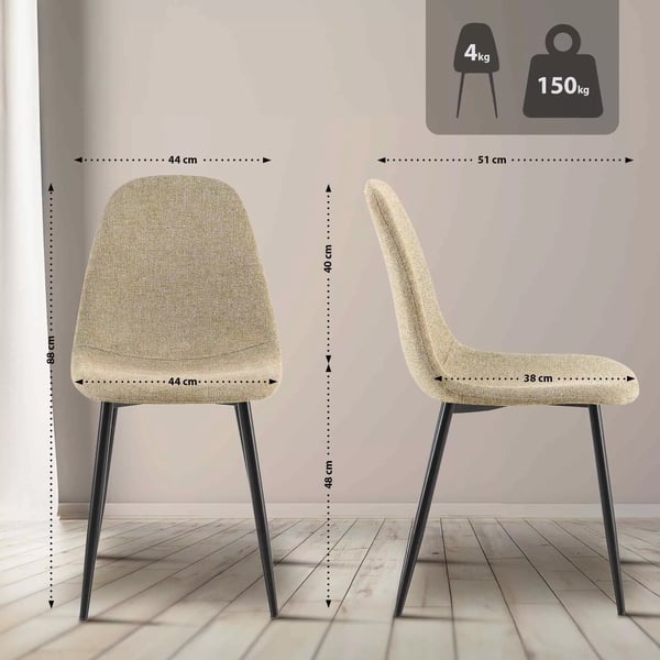 Sæt med 4 taupe stof spisebordsstole med metalben