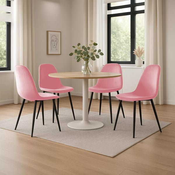 Set med 4 rosa sammetsstolar med metallramar