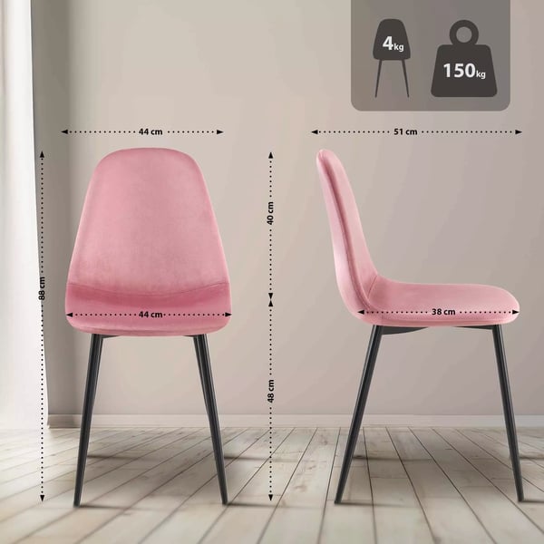 Set med 4 rosa sammetsstolar med metallramar
