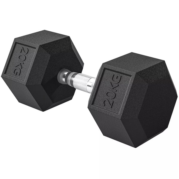 Seks-kantet Håndvægt, 20 KG, Sort Metal med Gummi-belægning - Perfekt til Træning Hjemme og i Fitnesscentret