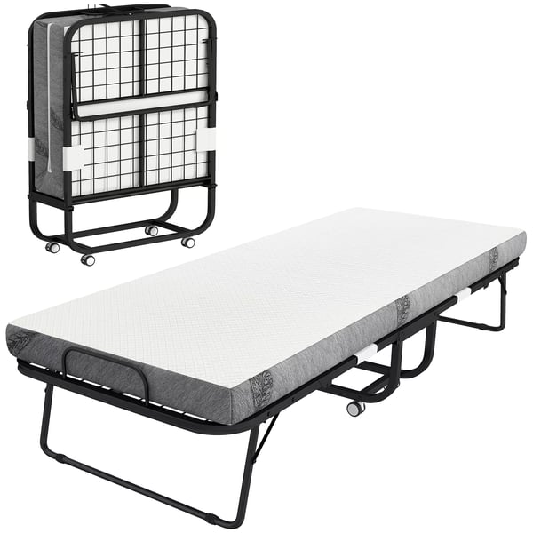Gæsteseng, foldbar seng med hjul, stål/skum, hvid/sort, 200x80x42,5cm