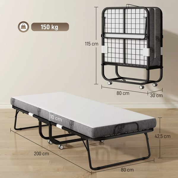 Gæsteseng, foldbar seng med hjul, stål/skum, hvid/sort, 200x80x42,5cm