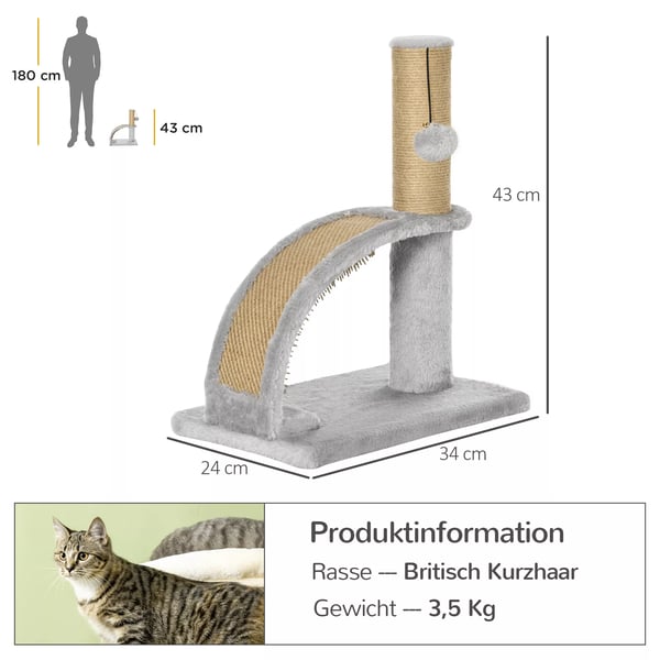 Kradsetræ til katte fra PawHut i grå, med massagefunktion, kradseplade, jutestolpe og bold. Lavet af spånplade og polyester. Ideel til små katte. 34x2