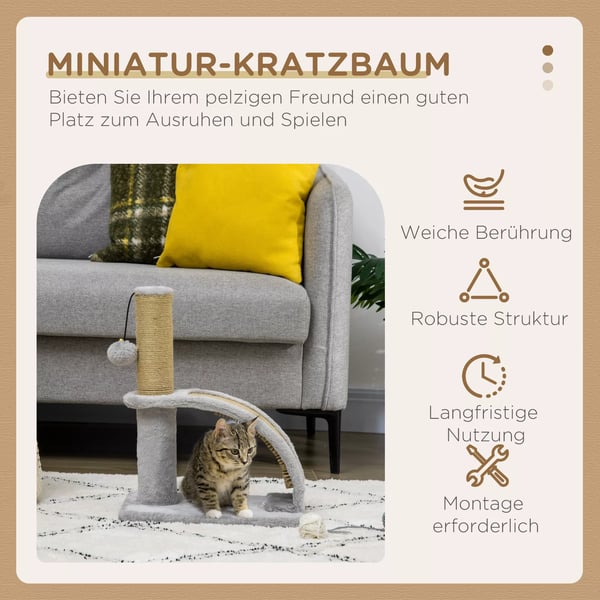 Kradsetræ til katte fra PawHut i grå, med massagefunktion, kradseplade, jutestolpe og bold. Lavet af spånplade og polyester. Ideel til små katte. 34x2