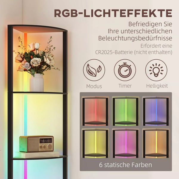 HOMCOM LED Gulvlampe med Hylder, 5-trins Dæmpbar, RGB Farveskift, Fjernbetjening, Sort MDF