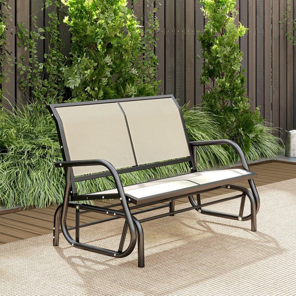 Outsunny 2-paikkainen keinutuoli, puutarhapenkki, puutarhakeinu, istuinpenkki, puistopenkki, metalliset puutarhakalusteet, musta+beige, 120 x 70 x 85 cm