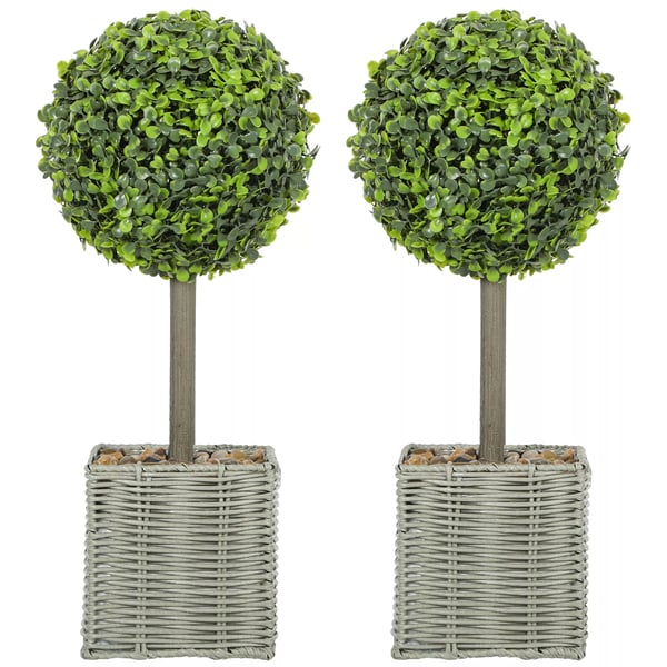 HOMCOM 2 stk Kunstige Buksbom Planter, UV-bestandige, Plastik, Cement, Grøn - Indendørs/Udendørs Dekoration.
