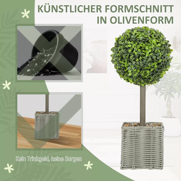 HOMCOM 2 stk Kunstige Buksbom Planter, UV-bestandige, Plastik, Cement, Grøn - Indendørs/Udendørs Dekoration.