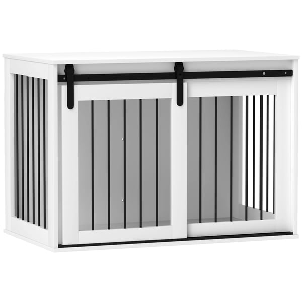 PawHut Hundebur i Hvid Spanplade – Aflåselig Hundekasse med SkydedØr til Store Hunde (Op til 30 kg), 98x58x61 cm