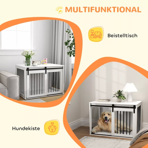 PawHut Hundebur i Hvid Spanplade – Aflåselig Hundekasse med SkydedØr til Store Hunde (Op til 30 kg), 98x58x61 cm