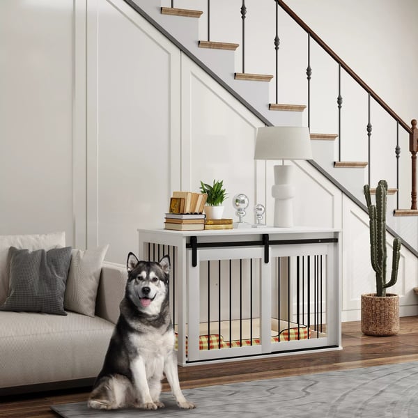 PawHut Hundebur i Hvid Spanplade – Aflåselig Hundekasse med SkydedØr til Store Hunde (Op til 30 kg), 98x58x61 cm